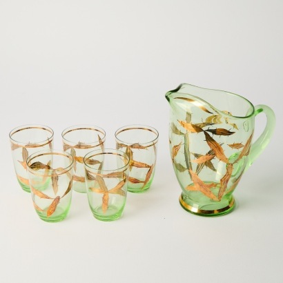 A Mid Century American Green Glass Beverage Set With Cactus Pattern