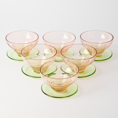 A Set of Six Green and Pink Jadeite Depression Glass Dessert Bowls