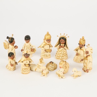 A Vintage Folk Art Hand-Painted Clay Mexican Nativity Set