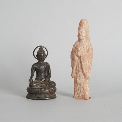 A Han/Tang Dynasty Chinese Pottery Figure AND A Chinese Qing Dynasty Bronze Figure of Buddha