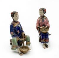 Two Chinese Shiwan Pottery Lady Sculptures (chip on feet)