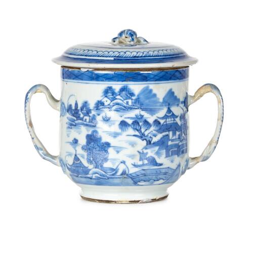 An Early 19th Century Blue and White Export Lidded Cup with two handles