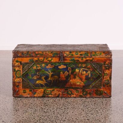 A Chinese Early 19th Century Tibetan Leather Auspicious Figures Trunk