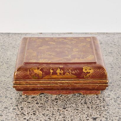 A Chinese 19th Century Chinese Lacquered and Gilt Pavilions and Figures Square Box