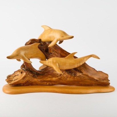 A Large Carved Wooden Clive and Colleen Barlow New Zealand Dolphin Sculpture