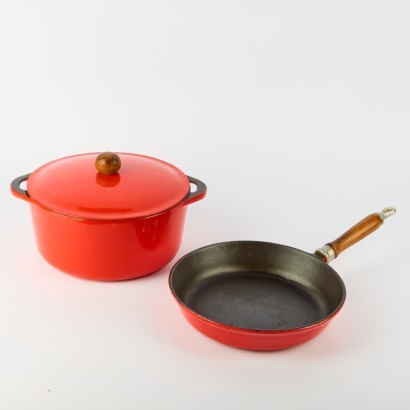 A Monet Cast Iron Casserole and Frying Pan Set