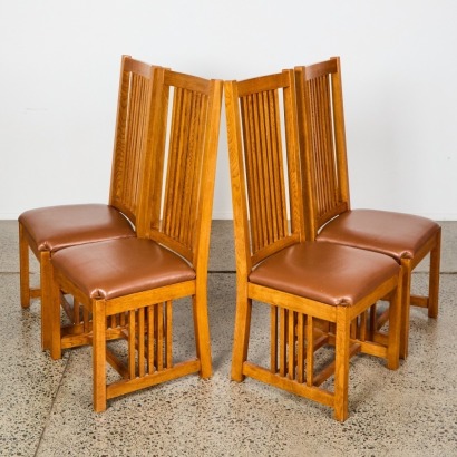 A Set of Four Stickley Mission Oak Arts & Crafts Spindle Dining Chairs