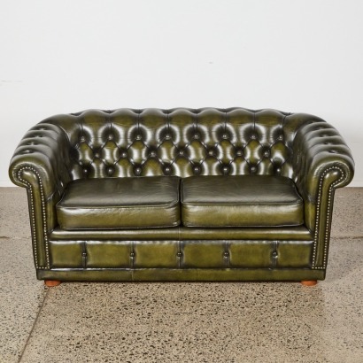 A Green Leather Oxford Chesterfield Style Sofa