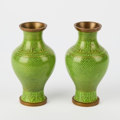 A Pair of Small Green Cloisonne Vases