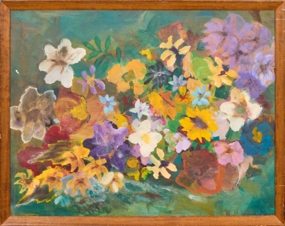 A Vintage Oil On Board Flower Painting By Unknown Artist
