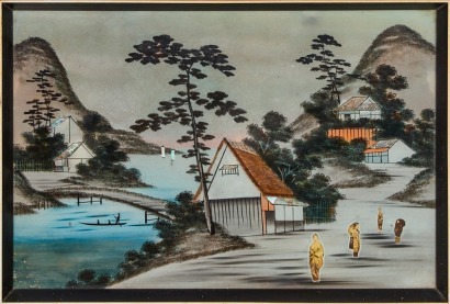 A Vintage Japanese Framed Glass Collage