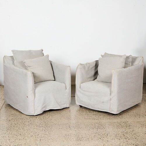 A Pair of MCM Bauhaus Linen Covered Contemporary Chairs