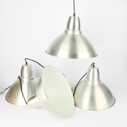 A Set of Four Industrial Style Spun Aluminium Pendant Lights