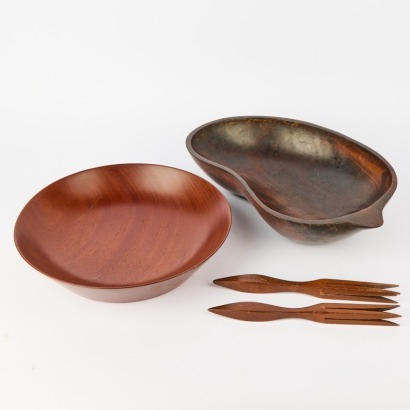 A Pair of Timber Bowls with Salad Servers