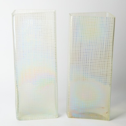 A Pair of Heavy Glass City Vases
