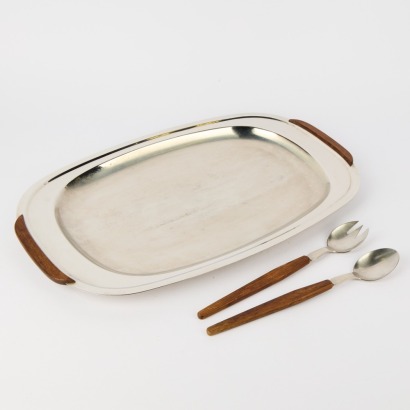 A Lundtofte Danish Stainless Steel And Teak Tray And Salad Servers