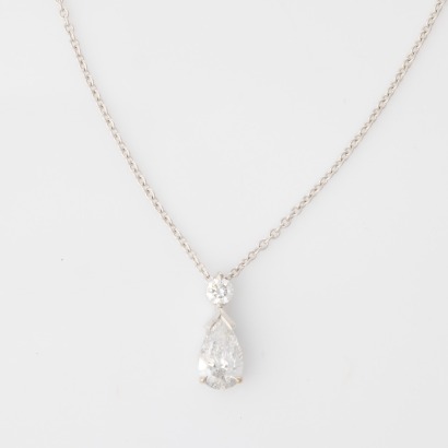 18ct White Gold, Partridge Jeweller's, 1.01ct Pear Cut Diamond / 0.15ct Diamond Pendant on 45cm Cable Link Chain with Box
