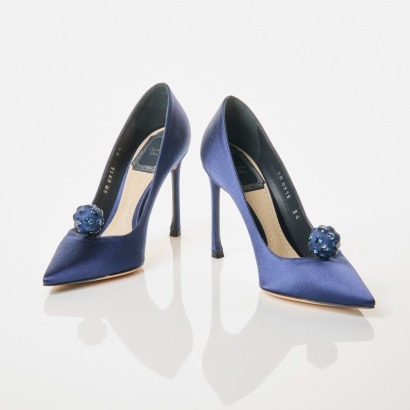 Christian Dior, Crystal Ball Embellished Blue Satin Heels, Size 34