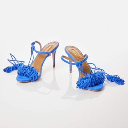 Aquazzura, Wild Thing Blue Suede Fringed Sandals, Size 35