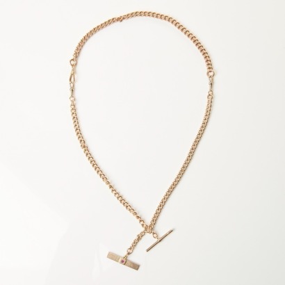 9ct Yellow Gold, Vintage, 65cm Fob Chain, with .10ct Ruby Set Accent