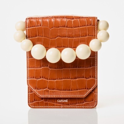 Cafun&eacute;, Bellows Brown Crocodile Embossed Leather Flap Bag