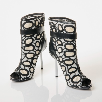 Sergio Rossi, Black Leather / White Mesh Ankle Boots, Size 37 with Box
