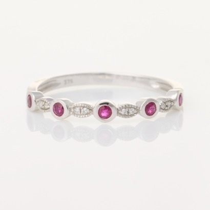 9ct White Gold, Modern, .06ct Diamond / 1.3mm Round Ruby Ring - Near new