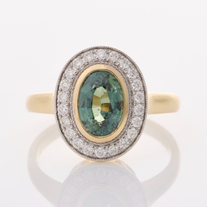18ct Yellow Gold, 2.10ct Green Sapphire / .264ct Diamond Cluster Ring - Near new