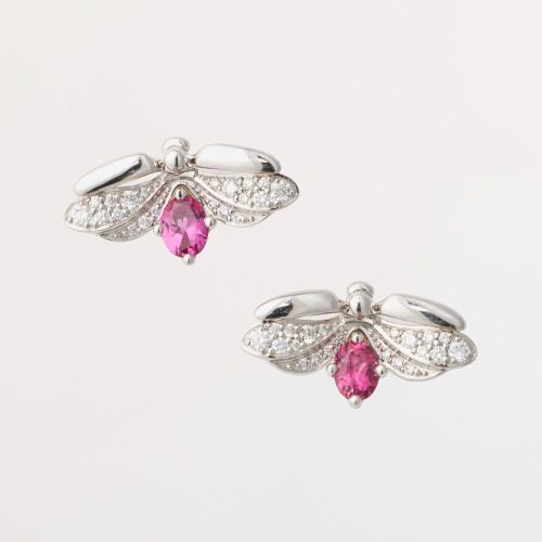 Tiffany & Co, Platinum, 2 Rubellite / .20ct Diamond "Paper Flowers Firefly" Earrings with Box - Near new