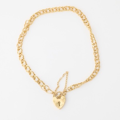 9ct Yellow Gold, Vintage, 18cm Double Curb Link Bracelet with Heart Padlock Clasp