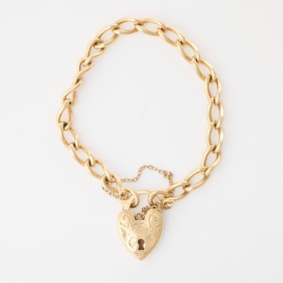 9ct Yellow Gold, Vintage, 18cm Curb Link Bracelet with Puff Heart Clasp