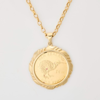 14ct and 9ct Yellow Gold, 1/4oz Kiwi Coin Pendant / Chain