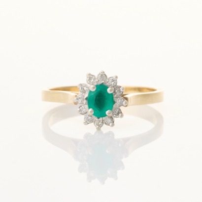 9ct Yellow Gold, Vintage, Oval Synthetic Emerald / .10ct Diamond Ring