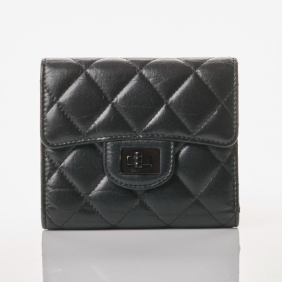 Chanel, Aged Black Calfskin 2.55 Wallet with Box