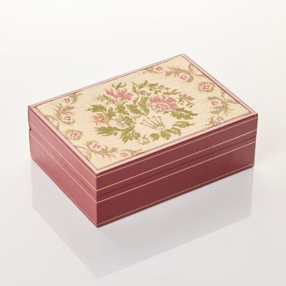Collectable Red Leather Rolex Box with Floral Embroidered Rolex Motif Top, circa 1980's