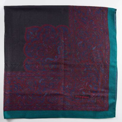 Yves Staint Laurent, 65% Wool / 35% Silk Black / Dark Red / Teal Frame Stole