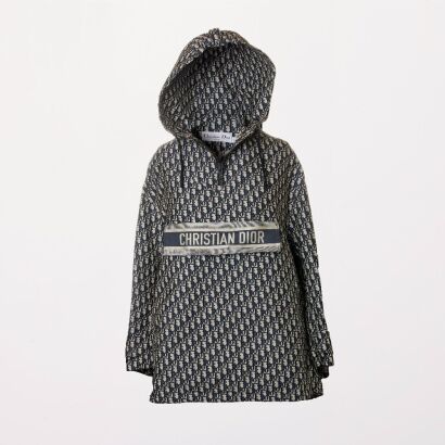 Christian Dior, Blue / Ecru, Technical Taffeta Jacquard with Dior Oblique Motif, Hooded Anorak, Size XS
