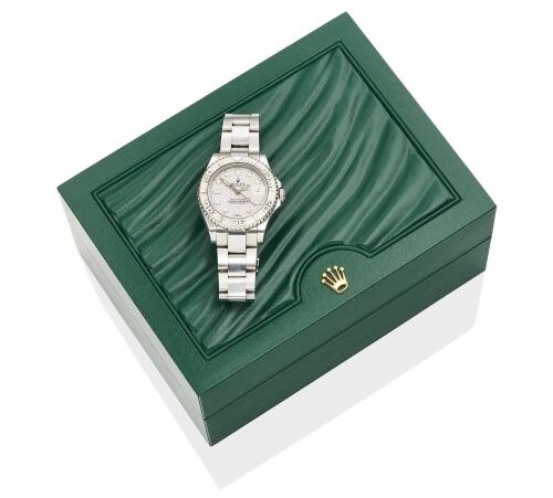 A mid-size stainless steel Yachtmaster wristwatch, Rolex, circa 2008. Automatic. 35mm. Ref:168622. Cal. 2235. Serial number MO36587. Platinum dial with applied luminous dots, uni-directional bezel, centre sweep seconds, date aperture at 3 o'clock. Case, d