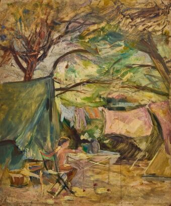An Original Oil Painting By French Artist Cesca 1956 Titled Camping Du Lavandou Daniele Point