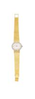 A Lady's gold and diamond wristwatch, Omega, circa 1970's. Automatic. 26mm. Cal. 620. Oval case with single cut diamond set bezel, estimated total diamond weight 0.30 carat.  Oval case with white dial, and applied silvered baton numerals. Dial, movement a