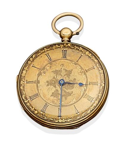 A Gentleman's gold openface pocket watch by Savory & Sons, London, circa 1847. Key wind. 41mm. Gold dial and painted black Roman numerals. Movement signed and numbered 17259. 18ct yellow gold. London hallmarks.