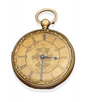 A Gentleman's gold openface pocket watch by Savory & Sons, London, circa 1847. Key wind. 41mm. Gold dial and painted black Roman numerals. Movement signed and numbered 17259. 18ct yellow gold. London hallmarks.