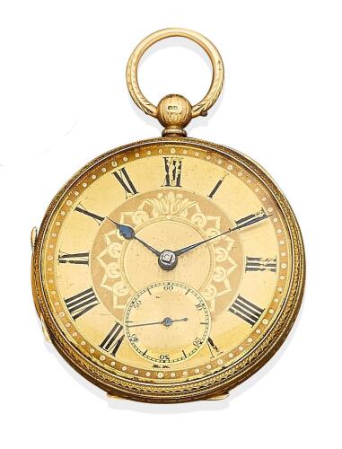 A Gentleman's gold openface pocket watch, J. Forrest, London, circa 1886. Key wind. 58mm. Movement numbered 25343. Case number 25343. Two tone gold dial and painted  black Roman numerals, subsidiary seconds. Movement signed and inscribed Chronometer Maker