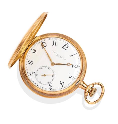 A Gentleman's gold full hunter pocket watch, Patek Philippe, circa 1911. Crown wind. 54mm. Movement number 166.093. Case number 271.245.&nbsp;White enamel dial, Breguet numerals, subsidiary seconds. Case mirror polished with coin edge. Case, dial and movement 