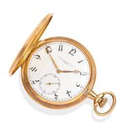 A Gentleman's gold full hunter pocket watch, Patek Philippe, circa 1911. Crown wind. 54mm. Movement number 166.093. Case number 271.245. White enamel dial, Breguet numerals, subsidiary seconds. Case mirror polished with coin edge. Case, dial and movement 