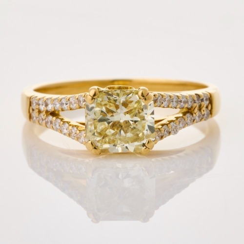 David Keefe, NZ Made, 18ct Yellow Gold, 1.01ct Radiant Cut Diamond / 0.22ct Round Brilliant Cut Diamond Engagement Ring