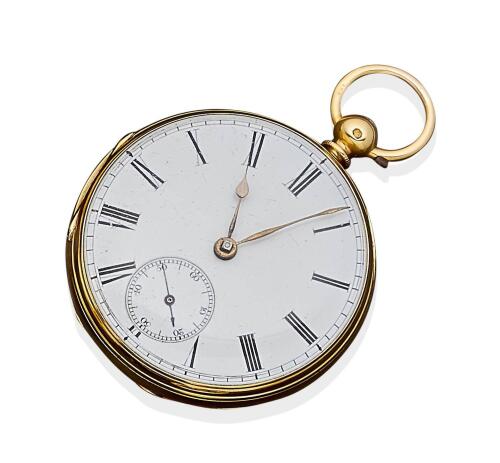 A Gentleman's gold openface pocket watch, Ellett, Plymouth, circa 1861. Key wind. 45mm. Movement numbered 7199. White enamel dial and painted black Roman numerals, subsidiary seconds. 18ct yellow gold. London hallmarks.