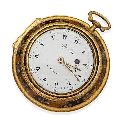 An oversize pair cased pocket watch, Chevalier, Paris circa 1800. 70mm. Made for the Turkish market.White enamel dial and painted numerals. Dial and movement signed Chevalier, Paris. Tortoiseshell outer case. Metal.&nbsp;