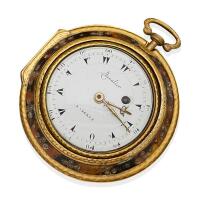 An oversize pair cased pocket watch, Chevalier, Paris circa 1800. 70mm. Made for the Turkish market.White enamel dial and painted numerals. Dial and movement signed Chevalier, Paris. Tortoiseshell outer case. Metal. 