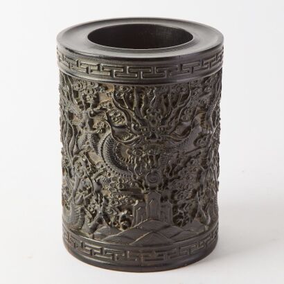 A Chinese Hardwood &lsquo;Dragon&rsquo; Brush Pot